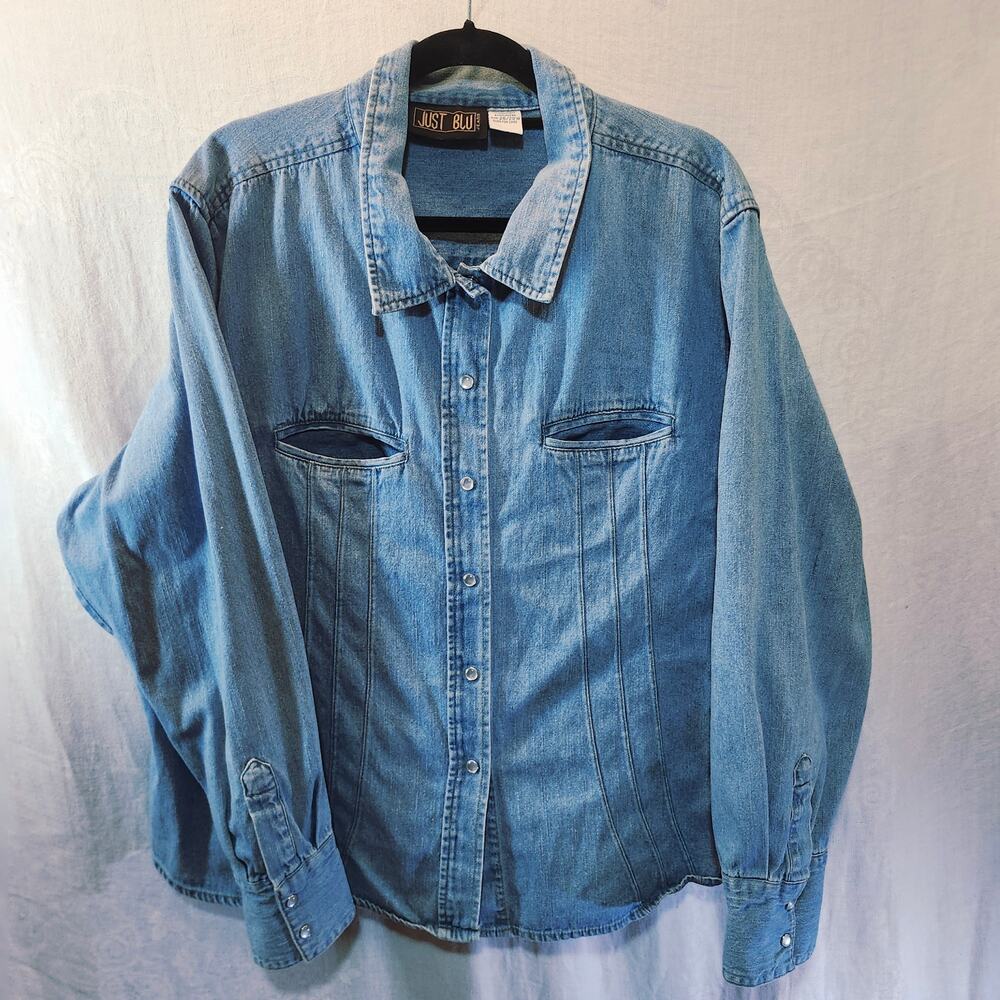 Plus Sz 28 Just Blu Pearl Snap Western Cut Denim Shirt Long Sleeve